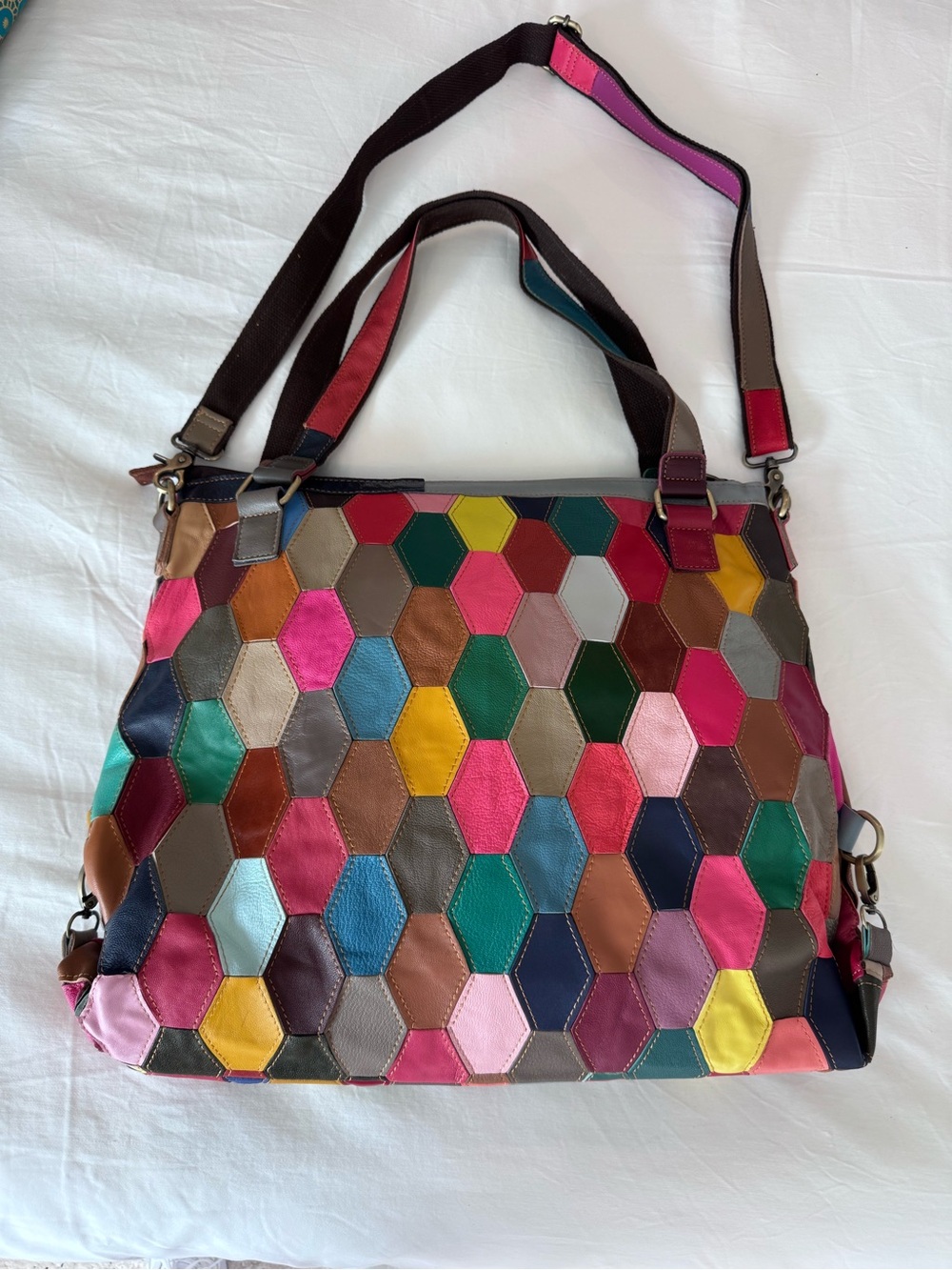 Amerileather Multicolor Patchwork Genuine Leather Hobo Shoulder Bag Boho Large - Picture 3 of 6